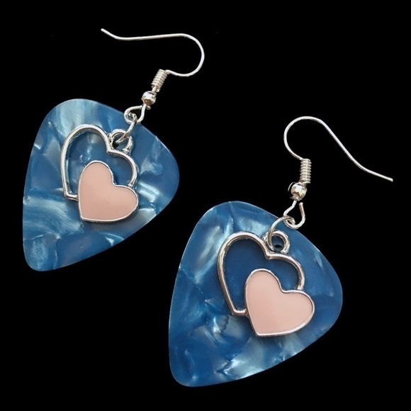 REPURPOSED Guitar Pick Earrings Hand Crafted Double Hearts Silver Tone - Picture 4 of 7